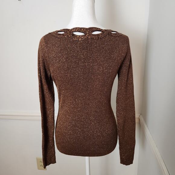 Once Again Sweater Sz Small Women Metallic Gold Brown Ribbed Sequin Fairy Grunge - Picture 6 of 12